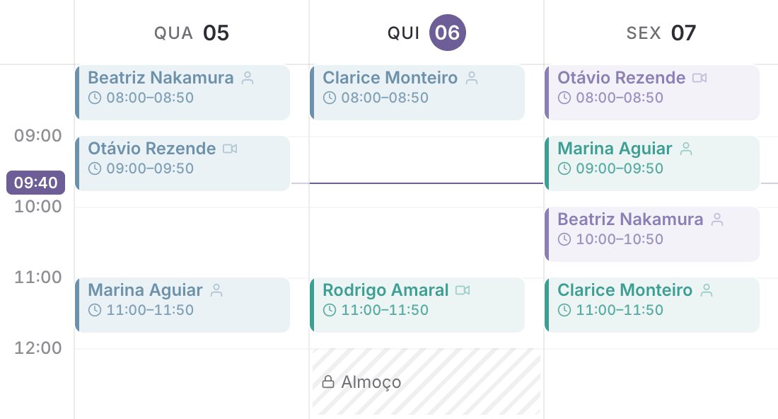 Três dias da agenda com as consultas na cor do estado de cada uma: atendida, confirmada ou agendada.